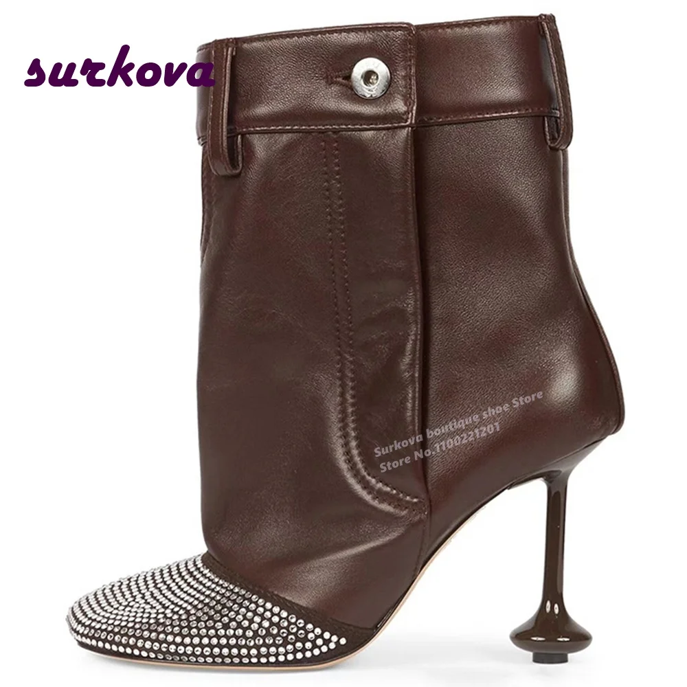 

Rhinestones Square Toe Ankle Boots Strange Style Botton Side Zipper Leather Short Booties 2023 New Arrival Casual Shoes Big Size