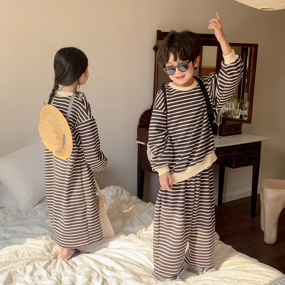

Children Clothing Suit 2024 Spring Boys and Girls Korean Style Casual Hoodie Suit Long Hoodie Dress Brother and Sister Suit