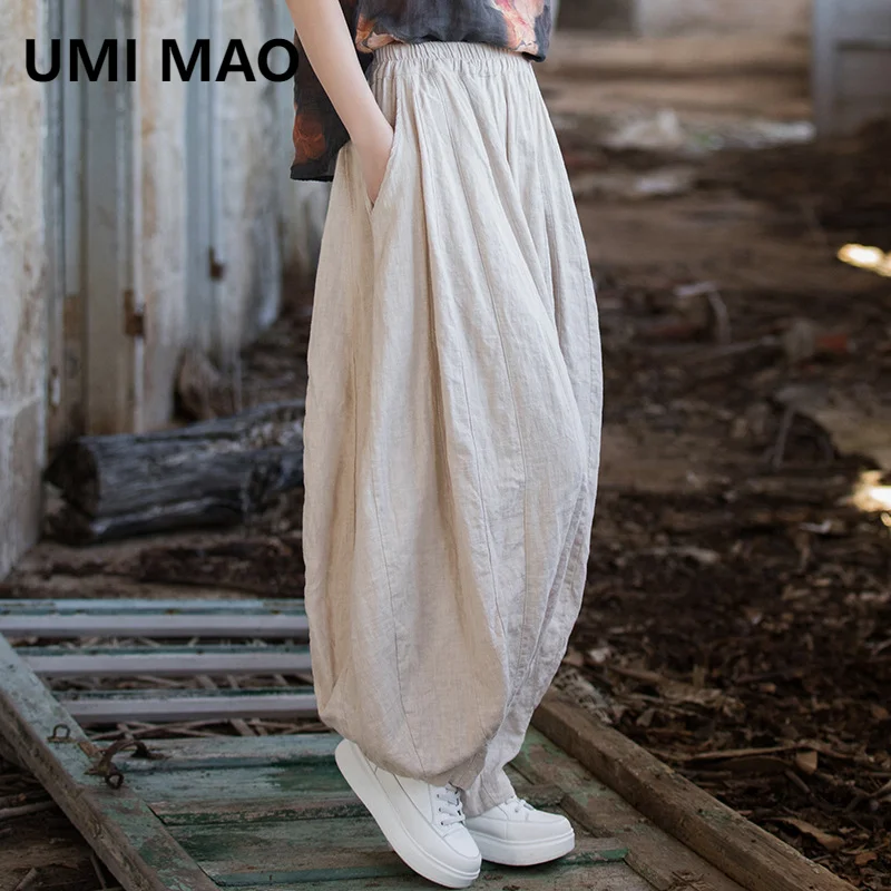 

UMI MAO Ramie Cotton Trousers Femme Sand Washed Old Spliced Pumpkin Pants 2024 Spring Summer Women's New Lantern Pants