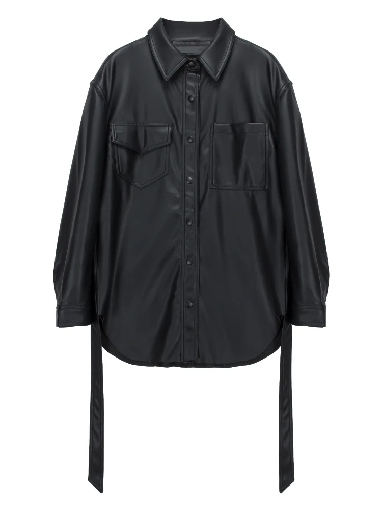 

FTLZZ New Spring Autumn High Street Lapel Faux Leather Jacket Women Fashion Single Breasted Lace-up Solid Color Pu Shirts Coat