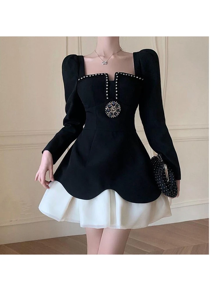 

Korean Fashion Splicing Diamond Elegant Dress For Women 2023 Spring Vintage luxurious Black Thin waist temperament Party Dresses
