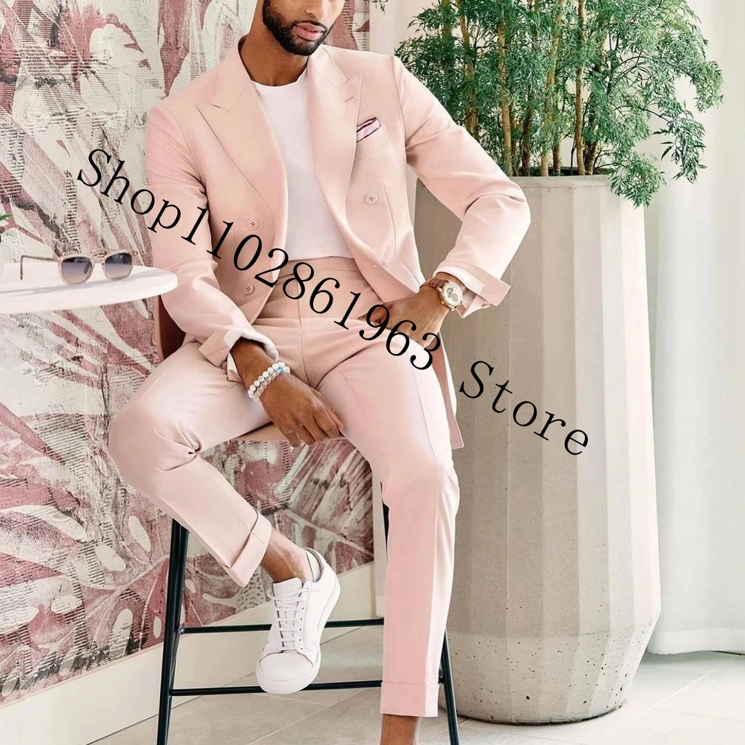 New Arrival Pink Men Suits Slim Fit Double Breasted 2 Pieces Male Suits Groom Tuexdos For Wedding Blazer Pants Costume Homme