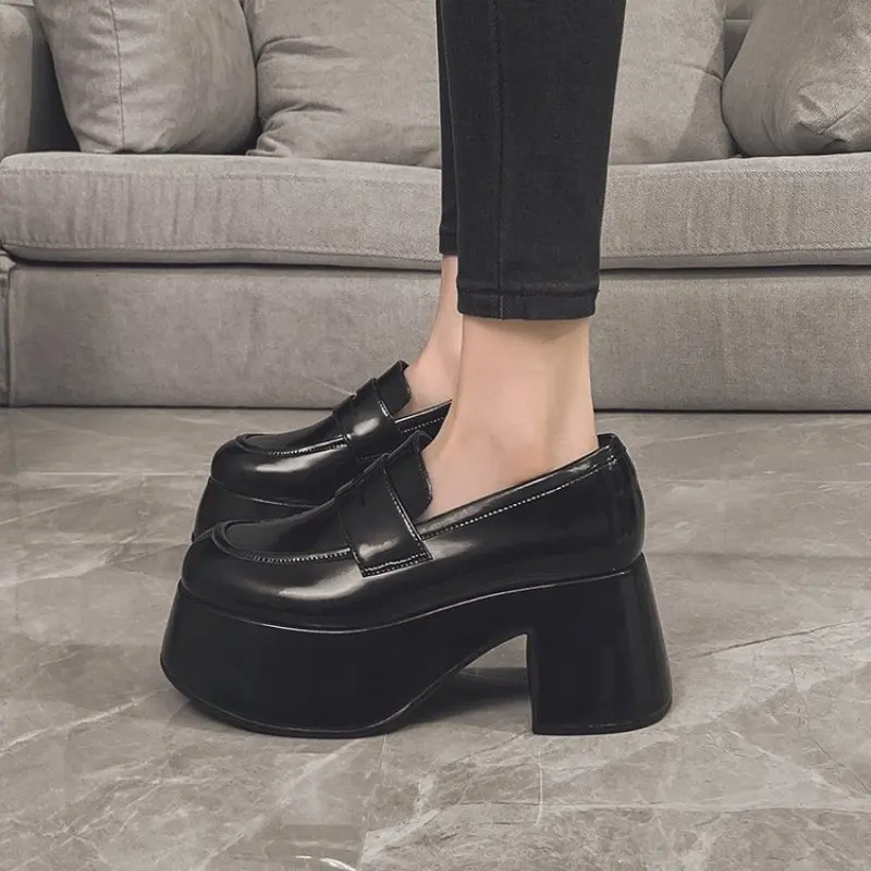 NEW Super High Heels Loafers Women Spring Autumn Patent Leather Chunky Platform Pumps Woman Slip On Black Uniform Shoes Fashion