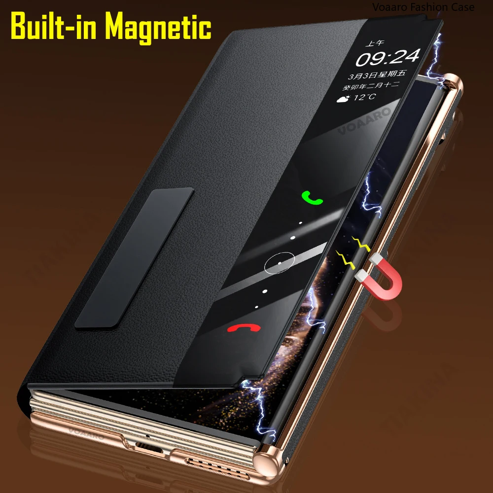Genuine Leather Smart Touch Flip Case with Adjustable Wristband and Kickstand