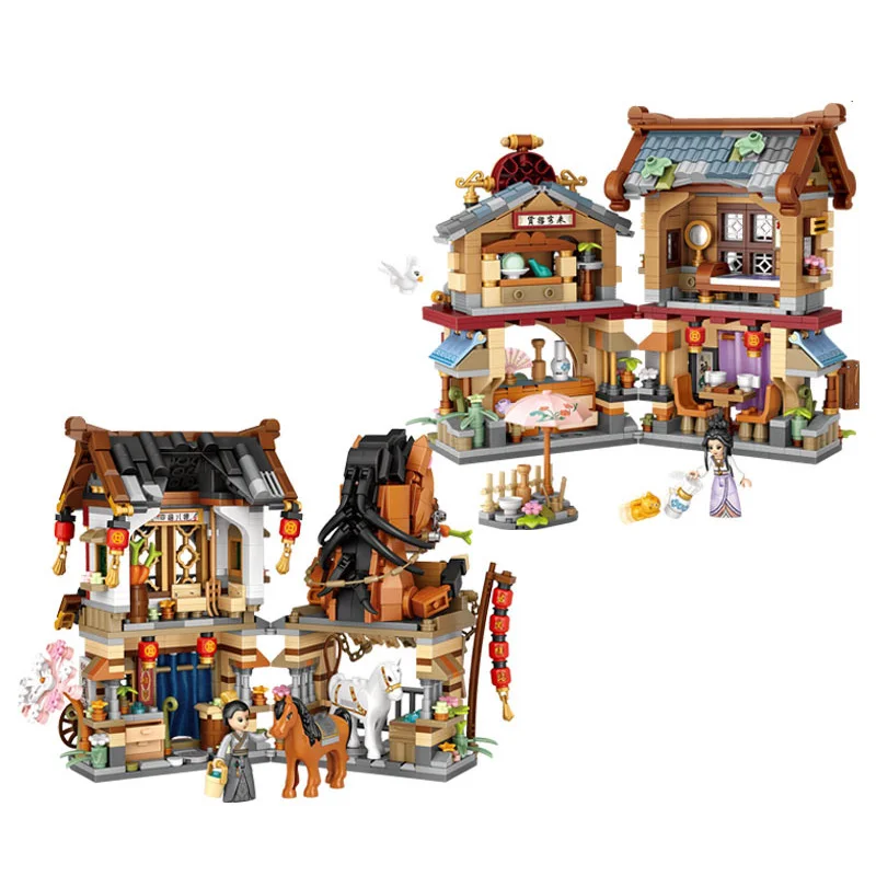 

Chinatown City Street View House Mini Block China Ancient Post Station Grocery Store Building Bricks Figures Toys For Gift