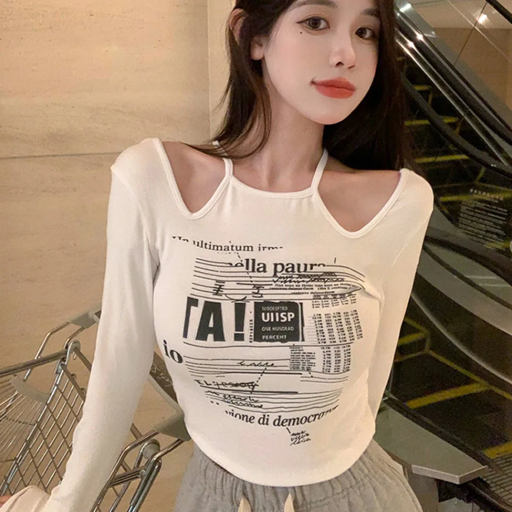 

Y2k винтажные топы, футболки с длинным рукавом, женская рубашка с принтом гранж, облегающие модные повседневные футболки, топы, осень-весна, черные футболки