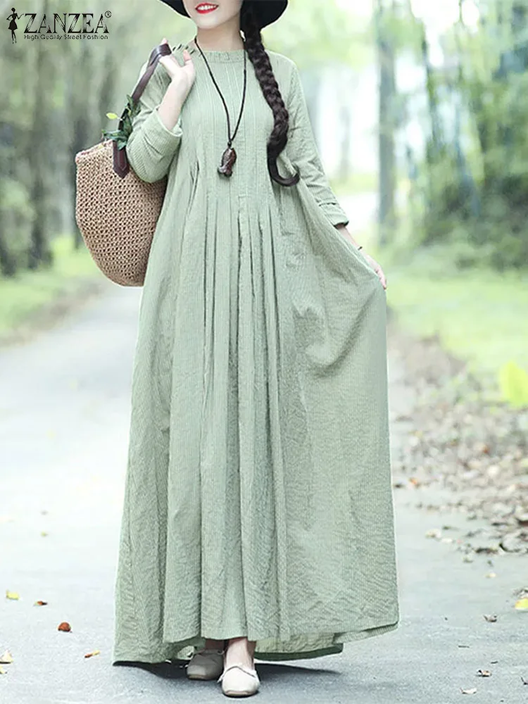 

Платье ZANZEA женское длинное Плиссированное с оборками, элегантный повседневный модный сарафан в полоску с длинным рукавом, весна 2024