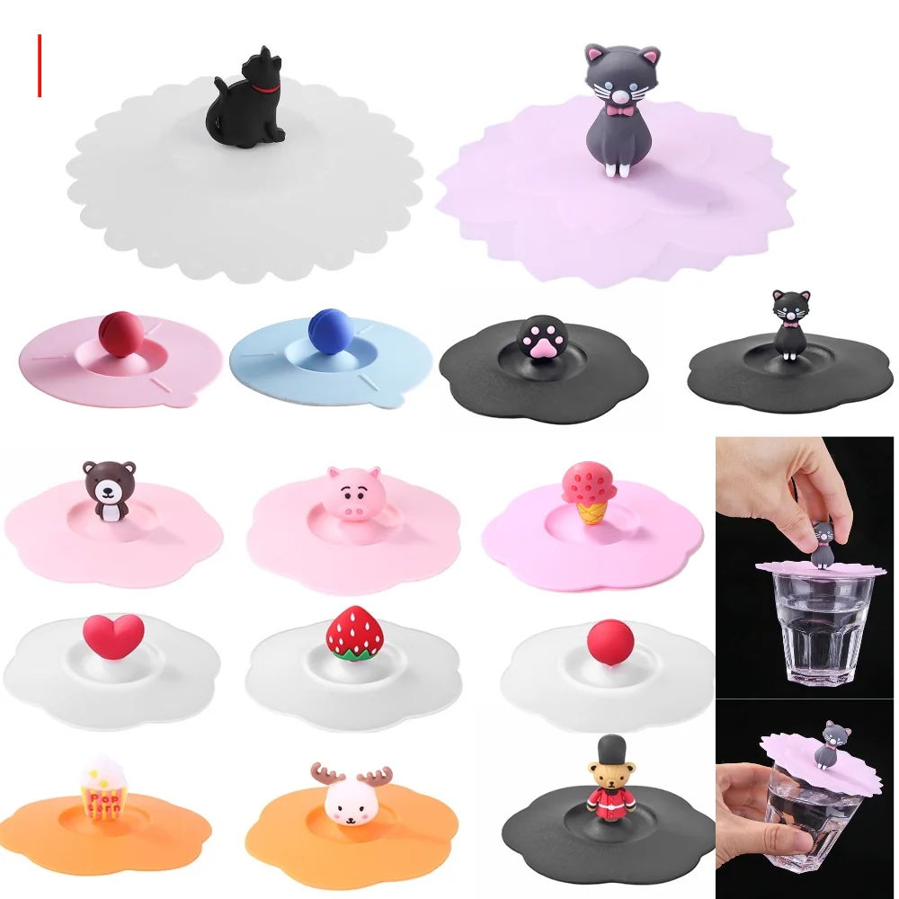 Cute Cat Food Grade Silicone Cup Lid Leakproof Cup Cover Reusable Mug Cover Anti-dust for Coffee Tea Drinking Cup
