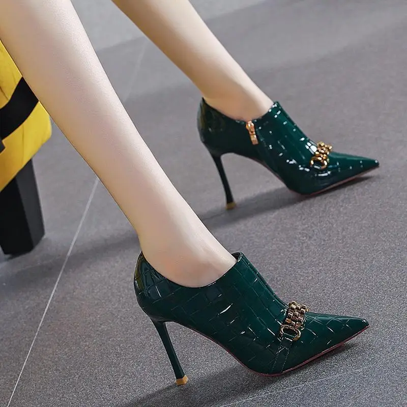 

High Heels Women Shoes Kid Suede Zipper Thin High Heel Shoes Genuine Leather Crystal Pointed Toe Pumps Ladies Size 39