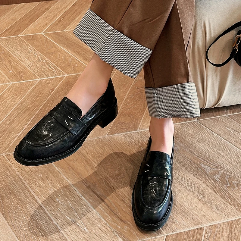 Real Leather Women Loafers Shoes Casual Platform Mid Thick Heels Woman Pumps Shoes Ins Spring New Office Lady Daily Size 34-40