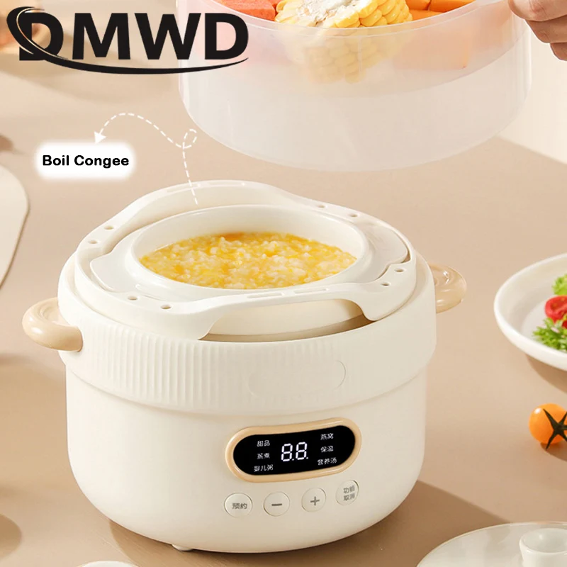 DMWD 1L Electric Slow Cooker Warer Stew Baby Porridge Ceramic Cooking Pot Soup BirdsNest Food Eggs Steamer Breakfast Machine