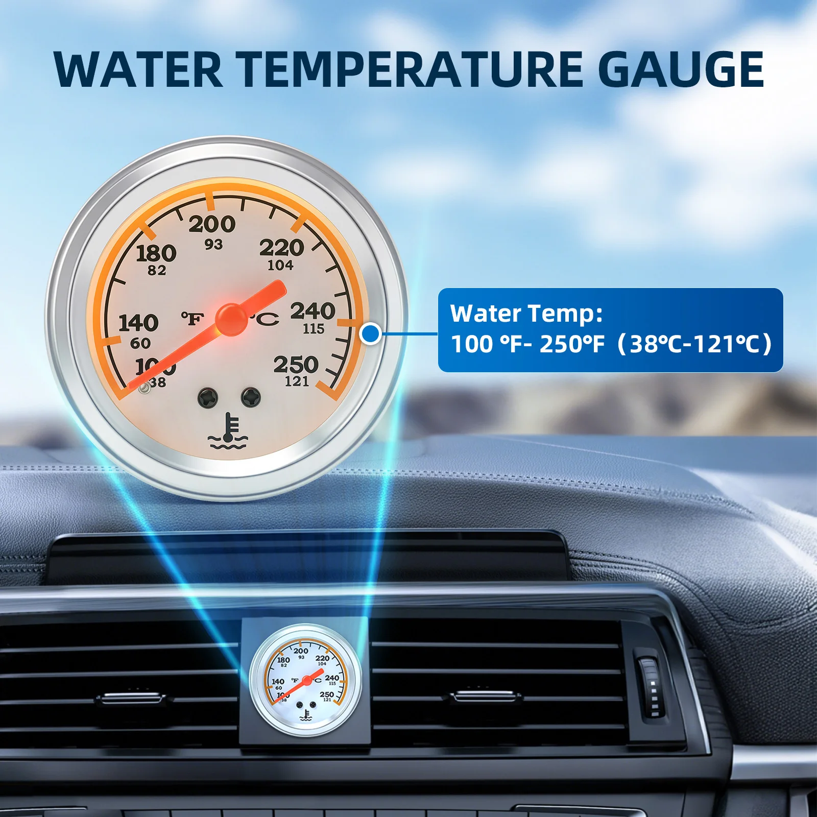? 2인치 52MM 기계식 12V 수온계 38-121 ℃ /100-250 ℉ 차량 수온계 (수온 센서 포함) NPT 1/2