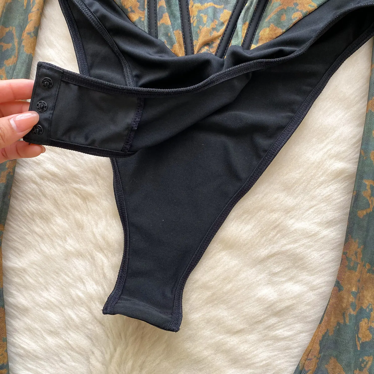side view of printed mesh bodysuit