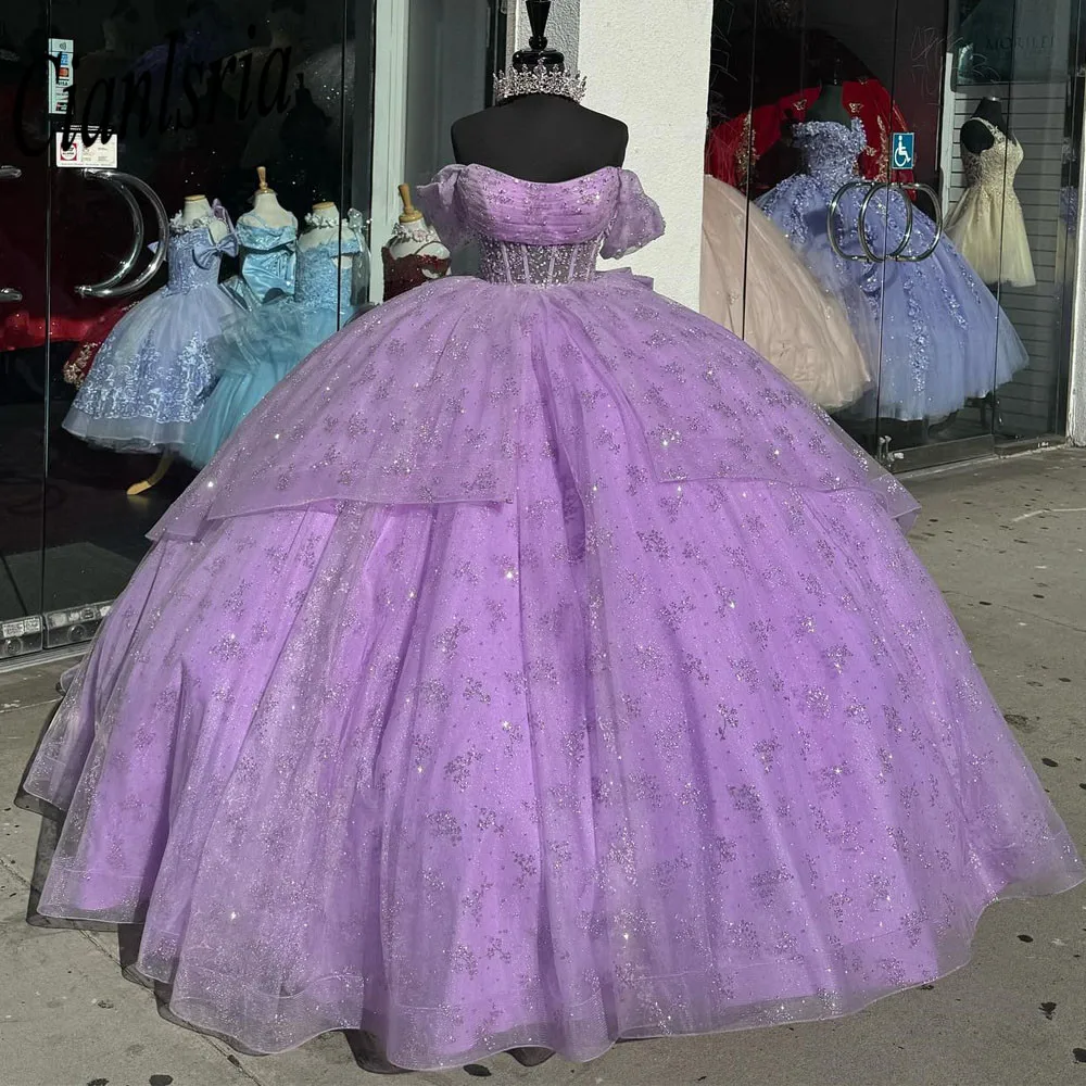 

Lilac Off The Shoulder Glitter Sequined Ball Gown Quinceanera Dress Beading Crystal Pleat Ruffles Bow Corset Vestidos De 15 Años