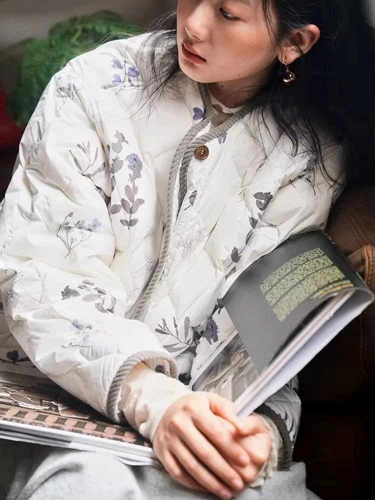 Vintage Floral Quilted Jacket for Women, O Neck Single Breasted Diamond Plaid Loose Warm Outwear Fashion Long Sleeve Coat Top