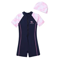 Kids Girls One-piece Swimsuit Rash Guard Short Sleeve Jumpsuit Athletic Swimwear with Hat Surfing Bathing Training Beachwear 5