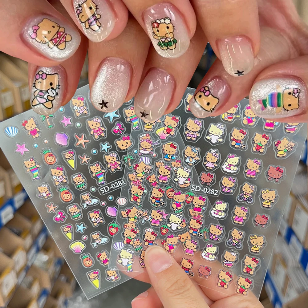 2개/세트 여름 태닝 헬로키티 5D 네일 스티커 엠보싱 Y2K 카와이 머메이드 헬로키티 네일 데칼 휴가 스타일 매니큐어