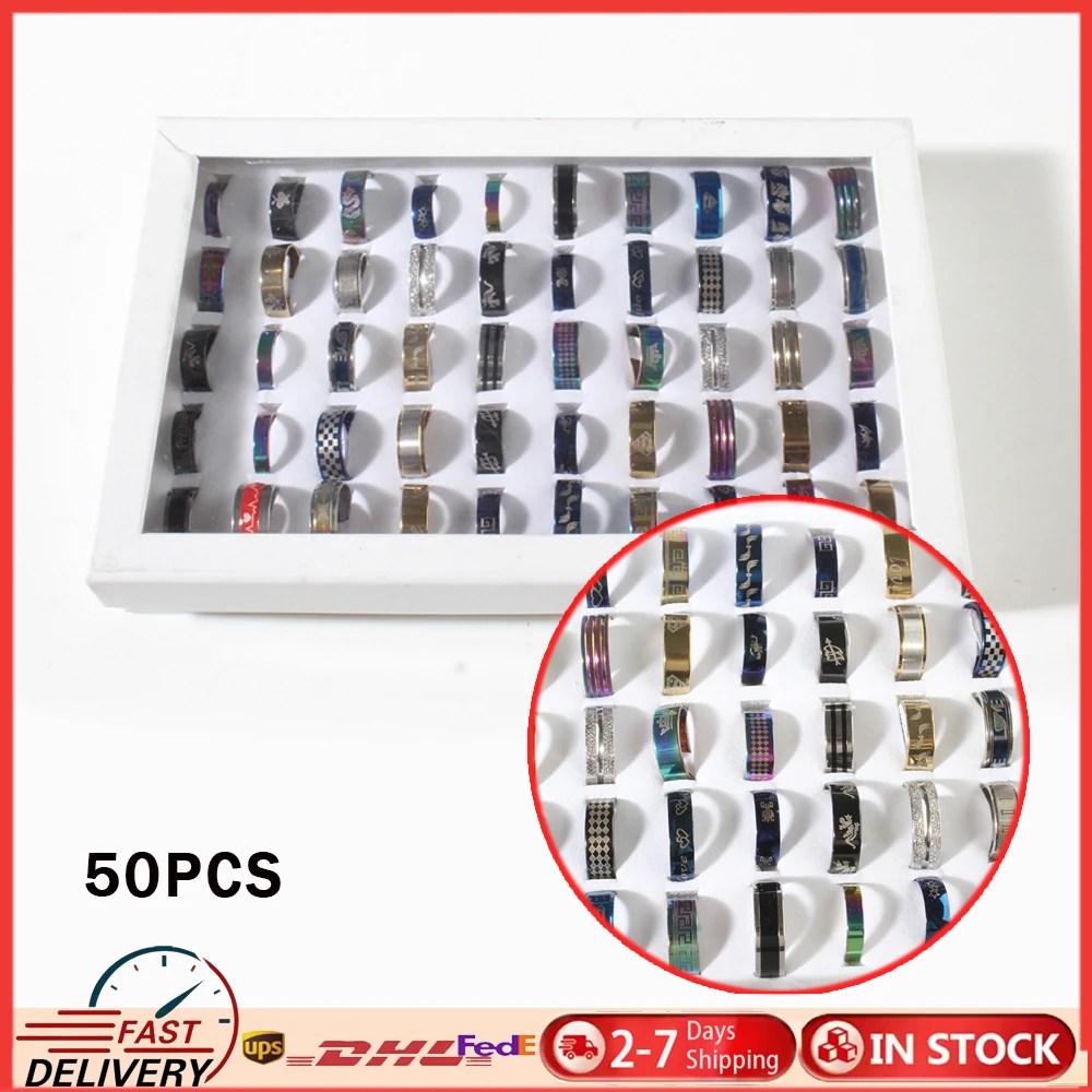 50pcs Wholesale Mixed Women Men Stainless Steel Finger Ring Punk Rings Fashion For Christmas Jewelry Gift