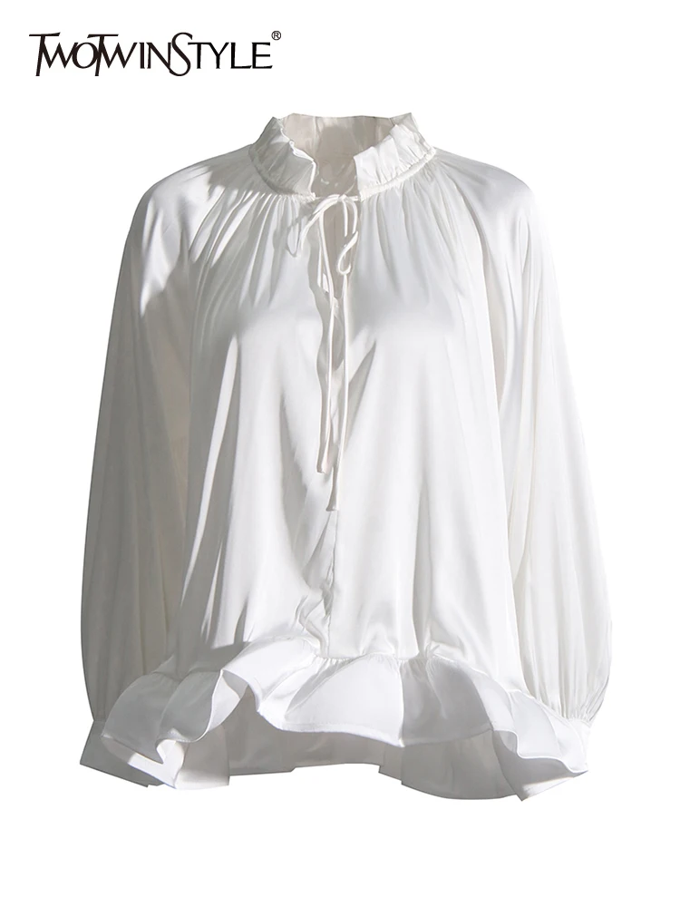 

TWOTWINSTYLE Solid Spliced Ruffles Blouses For Women Round Neck Long Sleeve Patchwork Lace Up Minimalist Shirt Female Clothing