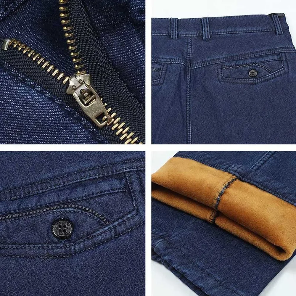 Big Size Classic Business Jeans For Men Autumn Winter Male Casual High Quality Thick Fleece Warm Elastic Denim Pants Size 30-44 5