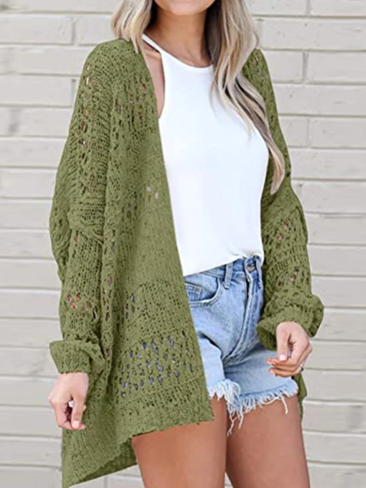 

Casual Women Cardigans Winter Loose Knitted Sweaters Vintage Hollow Long Sleeve Knitwear Female Solid Crochet V-Neck Outerwear