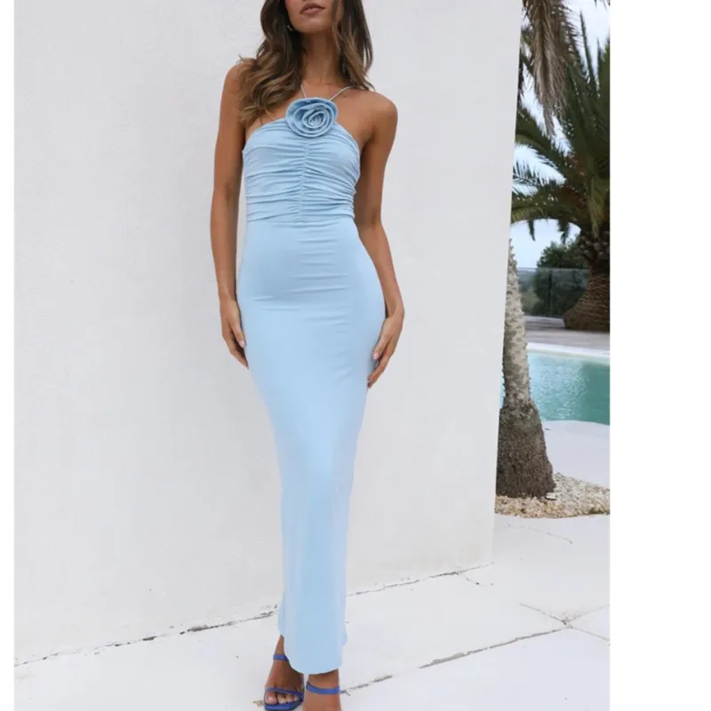 

Summer Evening Party Skinny Long Dress Women Solid 3D Rosette Halter Backles Slim Bodycon Dresses Sexy Club Streetwear