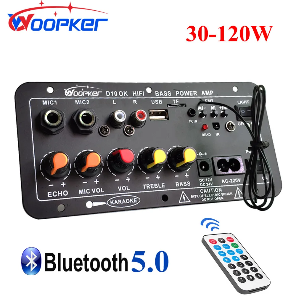 Woopker Audio Amplifier Board 30-120W Support Dual Microphone Bluetooth Amplificatore Subwoof for 4Ohm Speaker 12V 24V 110V 220V tenghong pcm5102a bluetooth decoder board dac bluetooth 5 0 audio receiver decoding aux support 16bit for amplifier preamp amp