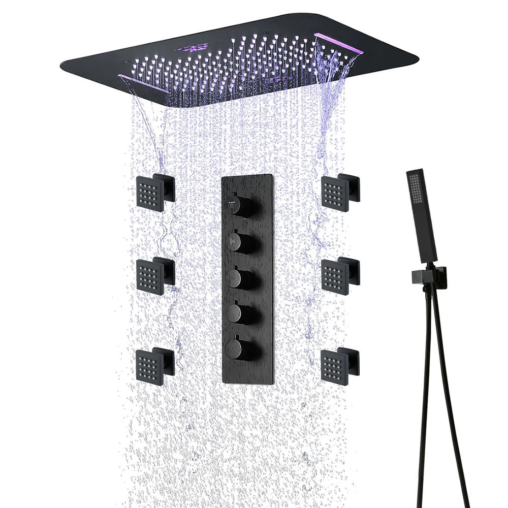 

M Boenn Matte Black 4 Functions Thermostatic Shower Set Bathroom Shower Faucets Embedded Stainless Steel Smart LED Shower Panel