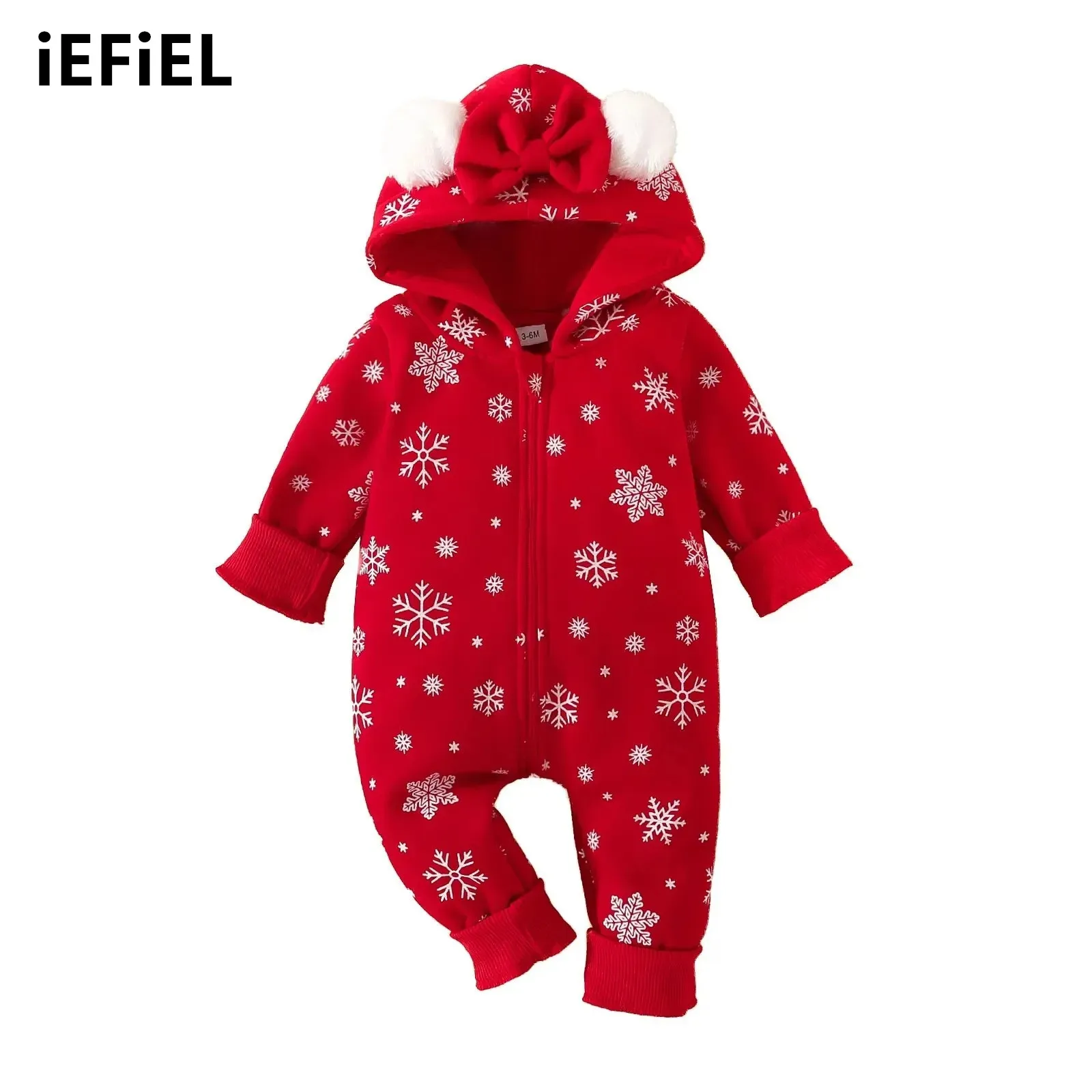 Baby Girls Christmas Hooded Jumpsuit Long Sleeve Bow Pom-pom Snowflakes Print Zipper Romper Warm Winter Bodysuit