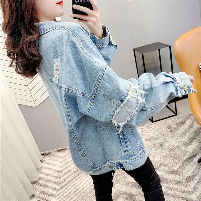 Fall Denim Wash FrayedCoat Women Long Slleve Jean Jacket 2023 New BF Style Casual Loose Denim Jackets Soild Oversize Outerwear