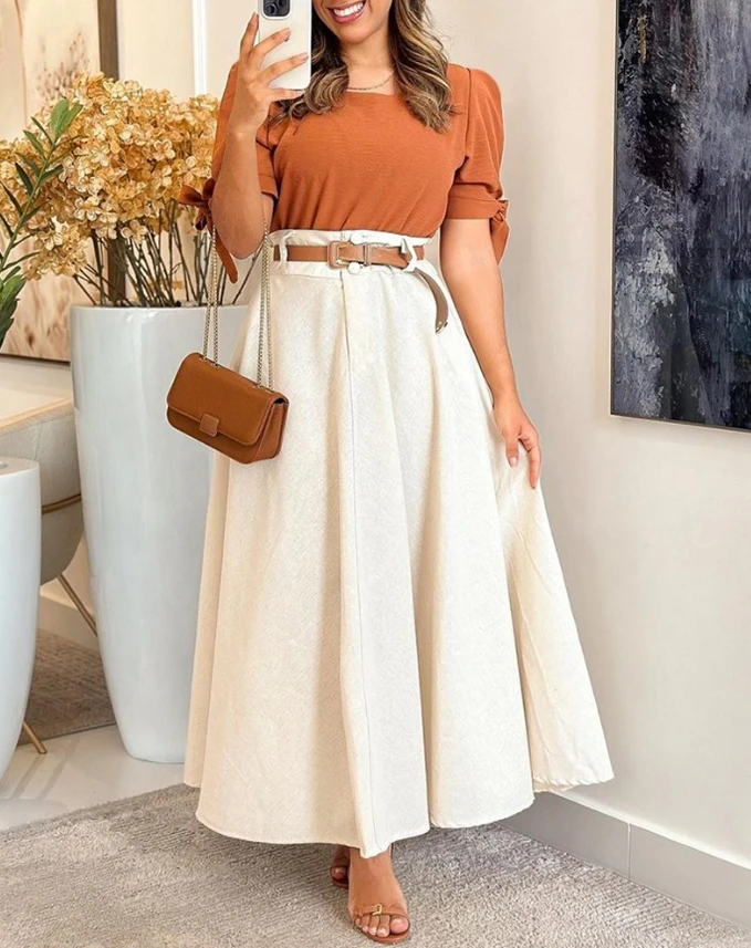 Women's Summer Casual Versatile Short Sleeved Pleated Regular Top and Solid Color Slim Fit Half Length Skirt Urban Beauty Set
