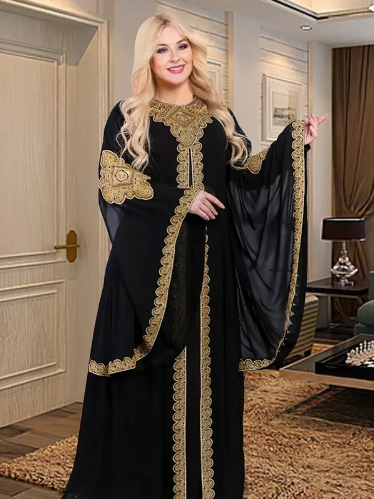 Party Dresses for Women Abaya Muslim Caftan 2 Piece Set Eid Flare Sleeves Robe Embroidered Gold Lace Dress Suit Jalabiya Ramadan