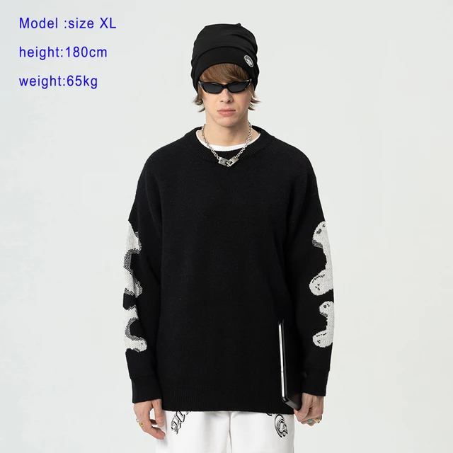 CZDYUF Harajuku Plaid Sweater Men Autumn Knitted Casual Sweaters Hip Hop  Streetwear Pullover (Color : Black, Size : X-Large)