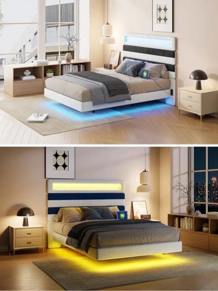 Anajqaqia – Gepolsterter Doppelbettrahmen – 140 x 190 cm gestreiftes Kopfteil mit verstellbarer Holzplatte, zwei USB-Ladeanschlüsse – Detail 1