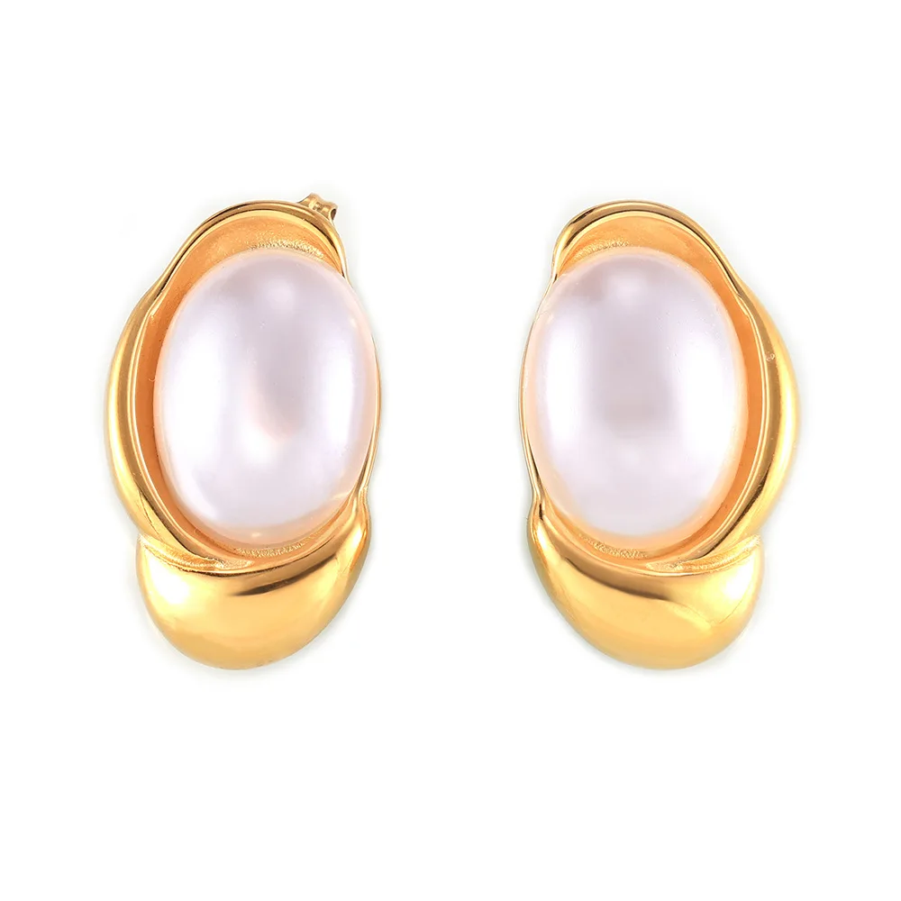 Mode weiße Muschel Perlen Ohrringe für Frauen Edelstahl vergoldet oval elegante Ohr stecker weibliche Sommers chmuck Geschenk