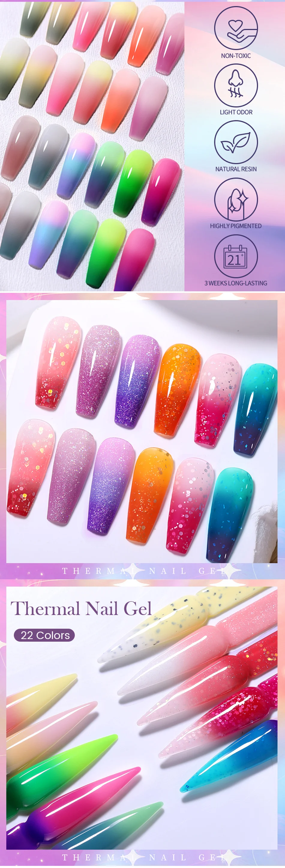 Description Picture 5 of itemBORN PRETTY Glitter Thermal Gel Nail Polish  3 Colors Temperature Color Changing Autumn Winter Nails Semi-permanent Soak Off Nai