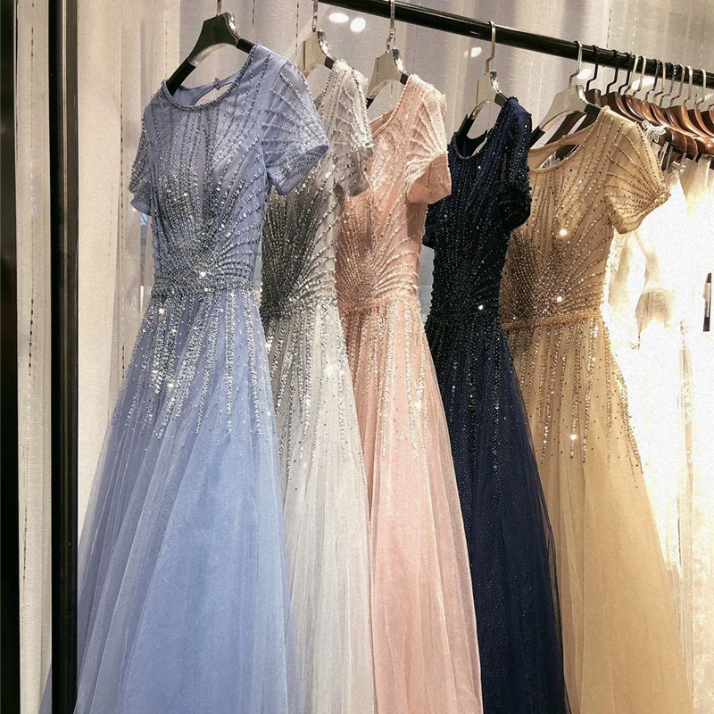 

Elegant O-neck Crystal Evening Dress For Women Short Sleeves Backless Formal Evening Gowns Tulle Long Prom Party Dresses 2024