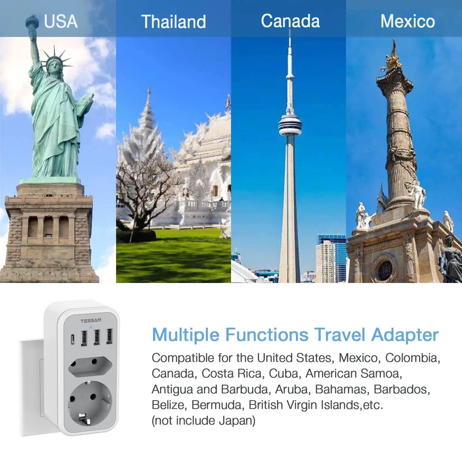 Power Plug Adapter Plug Adapter Electrical Socket TESSAN EU to US Travel Aadapter with 2 Outlets 3 USB 1 USB C Socket for Canada Thailand Mexico Travel Type B