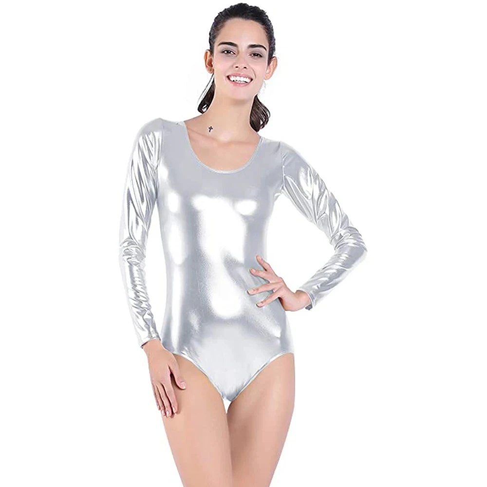 AOYLISEY Dance Shiny Metallic Leotard For Women Silver Scoop Neck  Gymnastics Ballet Long Sleeve Men Bodysuit Stage Costumes