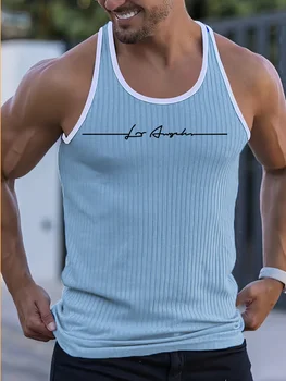 Nuova T-shirt stampata senza maniche da uomo per fitness e sport, gilet sportivo estivo da uomo in maglia a righe verticali casual slim fit