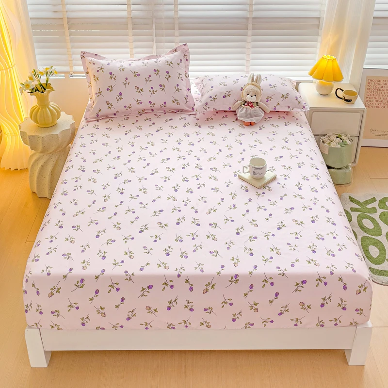 Purple Flower Bed Sheets Single/Queen/King Size Fitted Bed Sheet with Elastic Band drap de lit High Quality Mattress Cover 180 2
