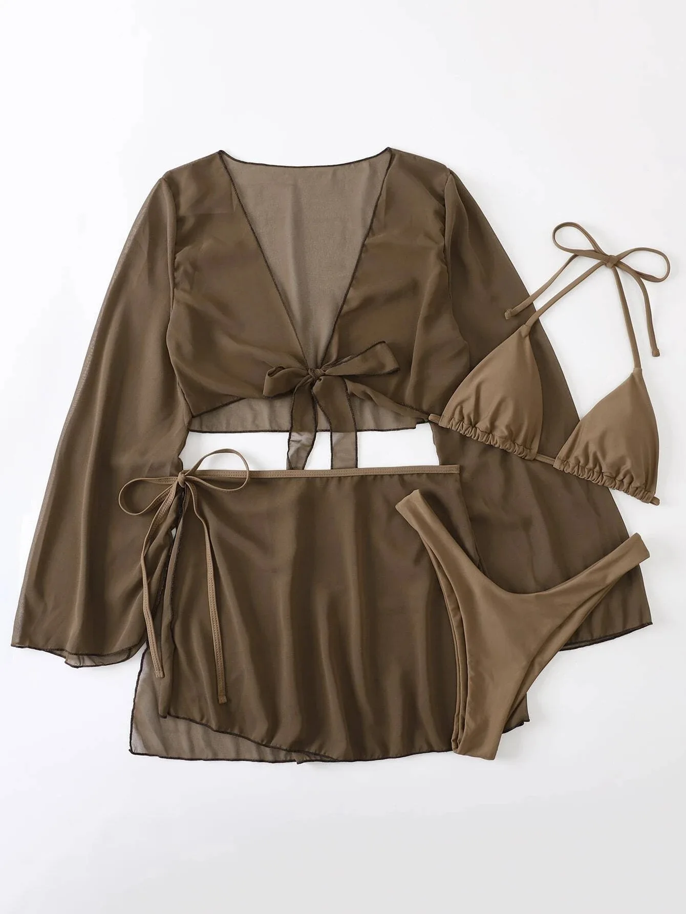 4pcs Red Bikinis Sets Women Mesh Long Sleeve Cover Up with Skirt Swimsuit 2024 Summer Push Up Beach Bathing Suit Thong Swimwear 5