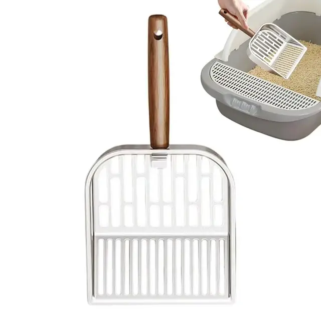 Stainless Steel Cat Litter Scoop Long Handled Hollow Design Pet Waste Picker Wooden Handle Easy Clean Waste Removal Sifting Tool 5