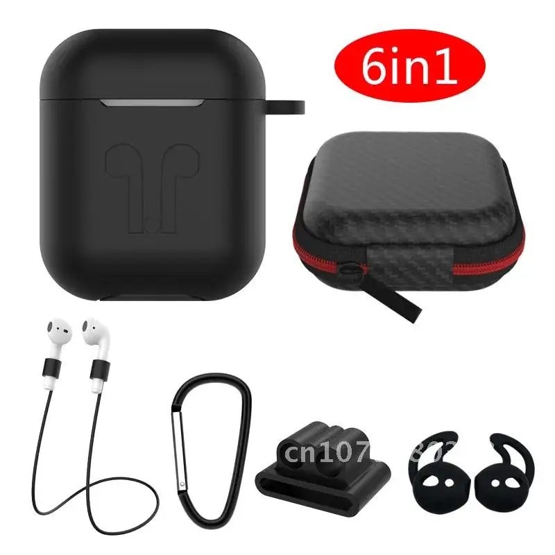

6 Protective Cases Silicone Cover For AirPods Headphone Carabiner Lanyard Accessories Storage Box