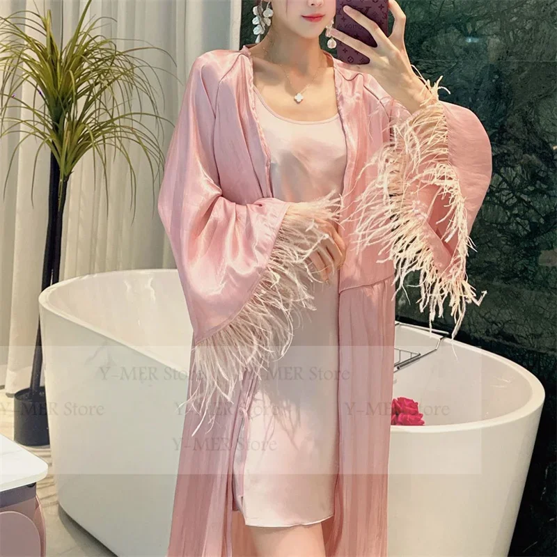 الوردي طويل كيمونو البشكير ثوب مجموعة النساء الفاخرة العروس فستان الزفاف الساتان منامة ريشة تقليم الملابس الداخلية Pjs