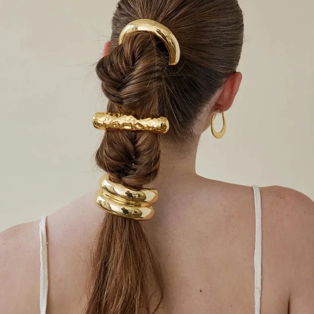 Stainless Steel Glossy Dome Pony Cuff Bubble Hammered Arch Elastic Band Ponytail Holder Headband Hair Clip Accessories Jewelry