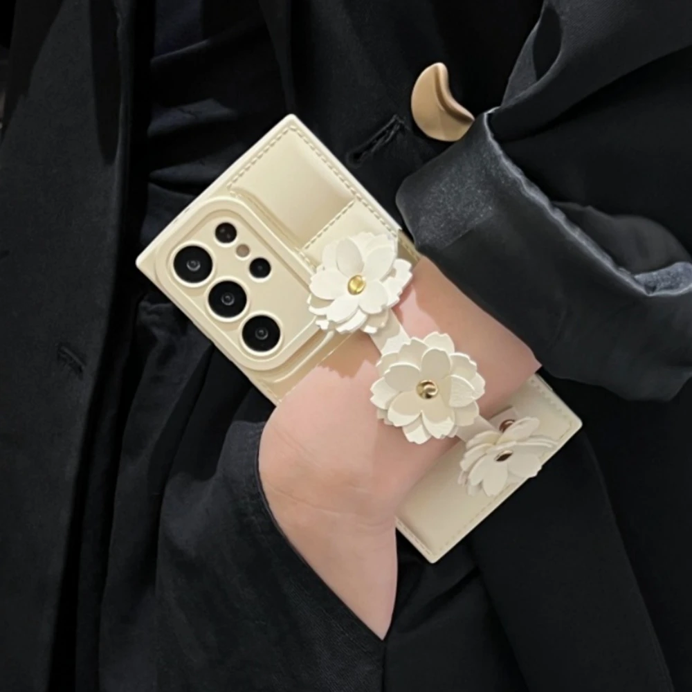 Fashion Camellia Flower Wrist Strap 3D Down Jacket Phone Case Cover