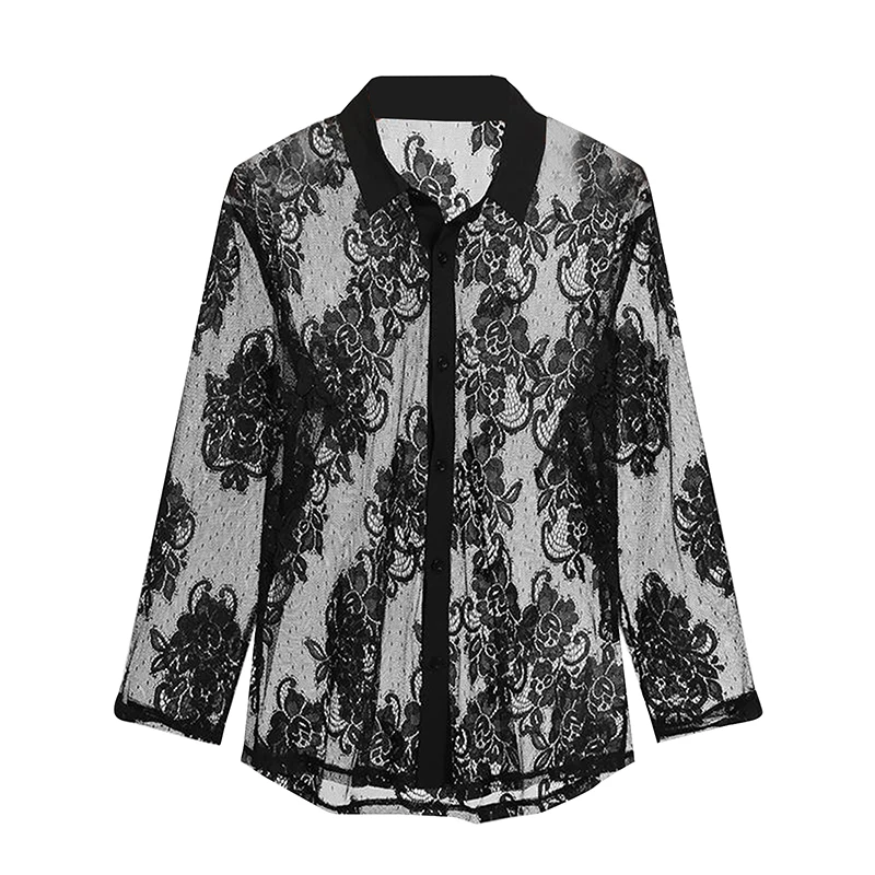 Men s Stylish Floral Print Lapel Neck Long Sleeve Button-Down Shirt with Mesh Detailing for Casual Summer Fashion