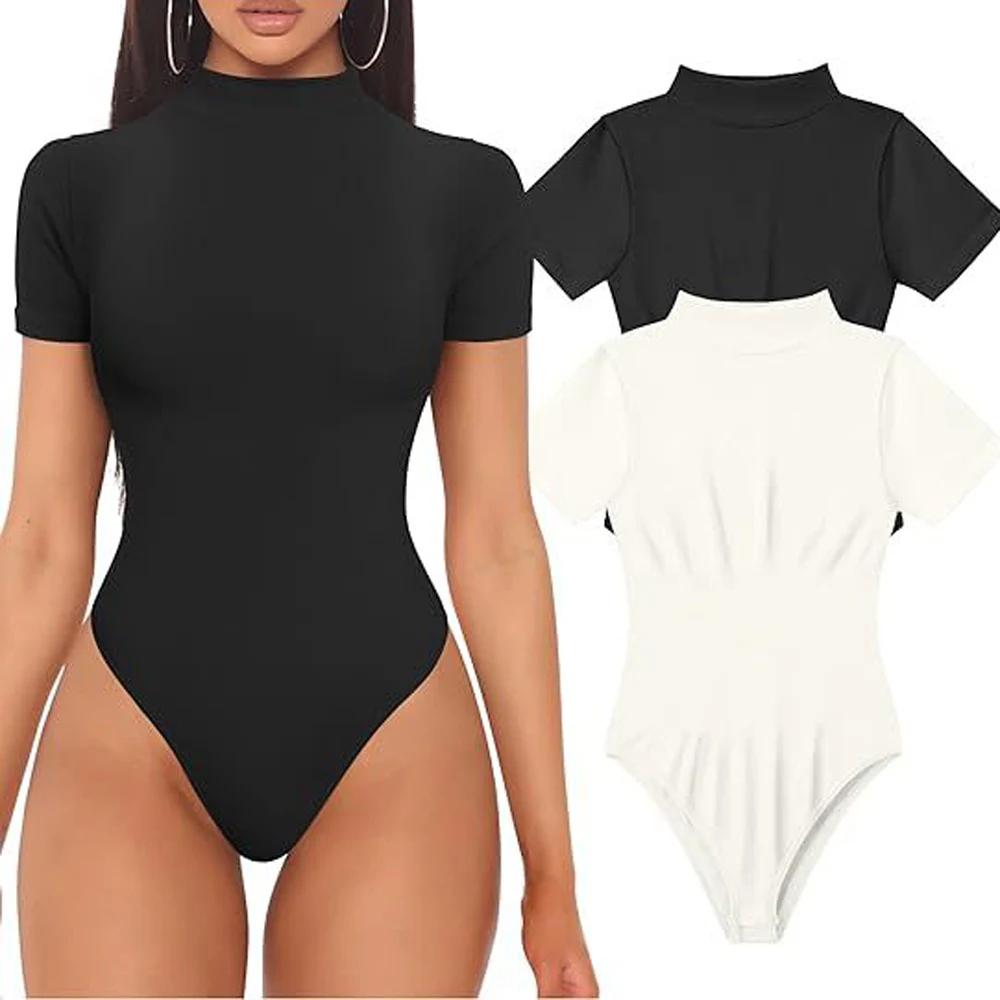 Women Summer Short Sleeve Turtleneck Bodysuit
