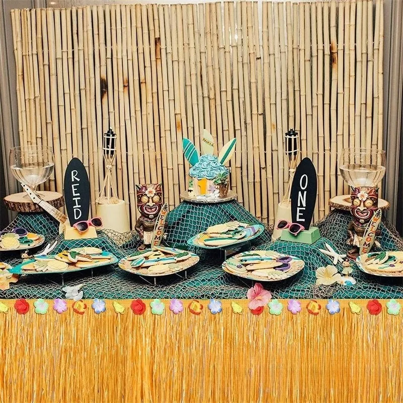 Table Skirt Summer Theme Party Grass Straw Color Table Skirt Hawaiian Tropical Theme Party Supplies for Decor Door Hanging